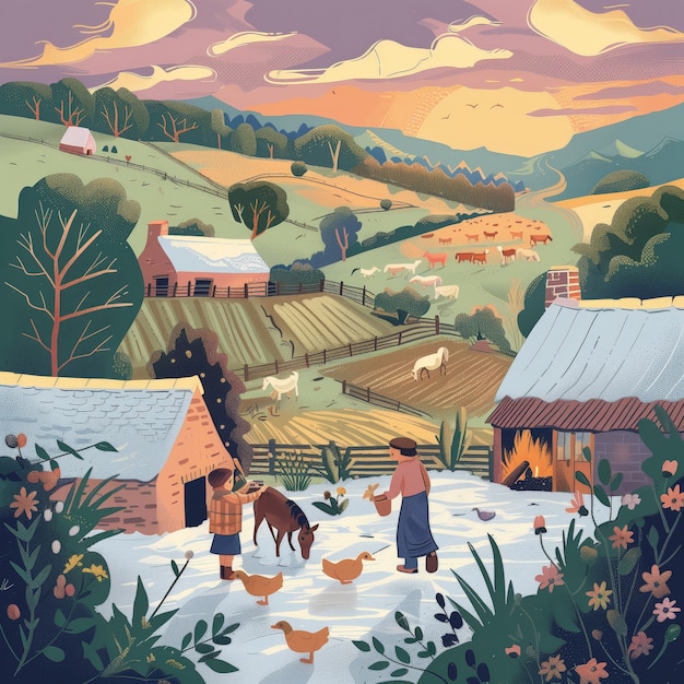 Farm landscape cartoon illustration