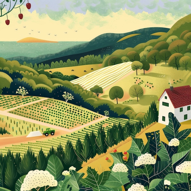 Farm landscape cartoon illustration