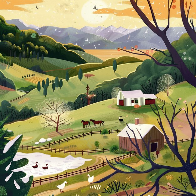 Farm landscape cartoon illustration