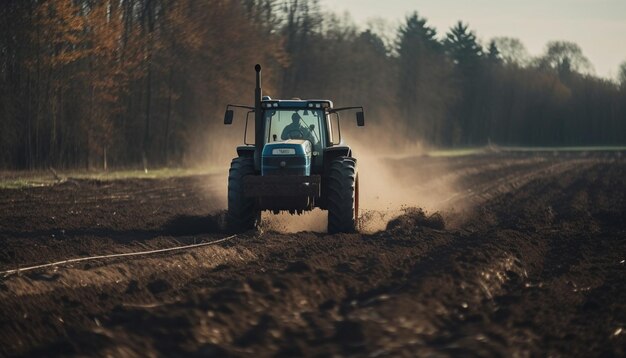 Farm machinery drives through dirty rural landscape generated by AI