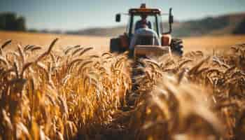 Free photo farm worker harvesting wheat in the golden sunset generated by artificial intelligence