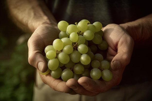 Free photo farmer holding in his hands a bunch of freshly picked grapes ai generative