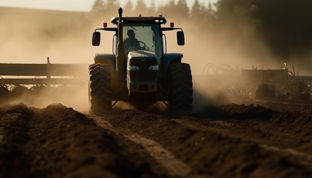 Farmer plows field with heavy machinery in sunlight generated by AI