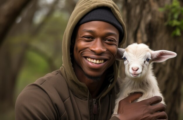 Free Photo farmer taking care of goat farm