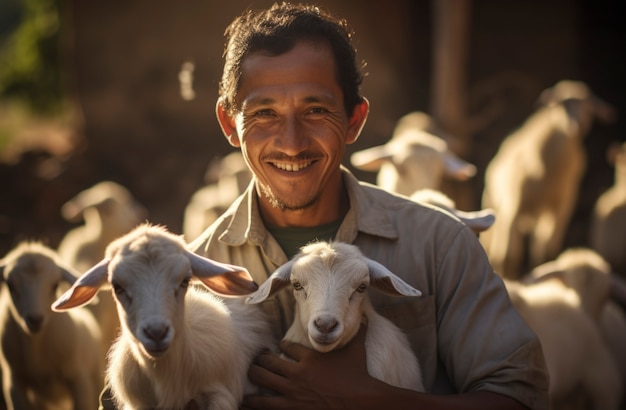 Free photo farmer taking care of goat farm