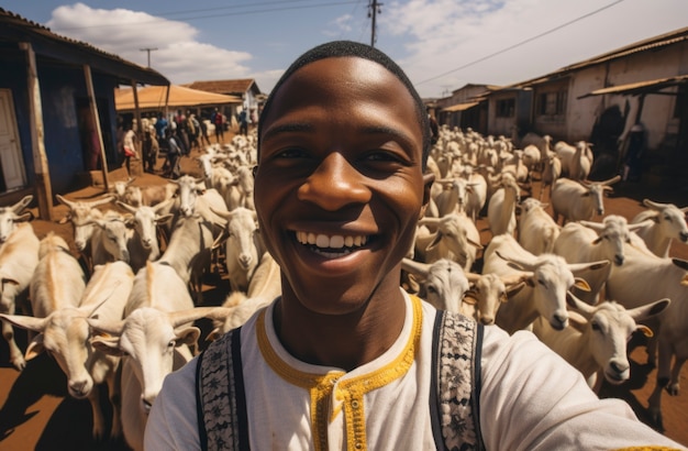 Free photo farmer taking care of goat farm