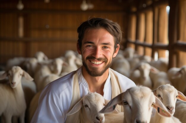 Farmer taking care of photorealistic goat farm