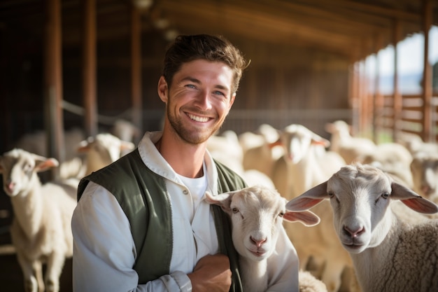 Farmer taking care of photorealistic goat farm