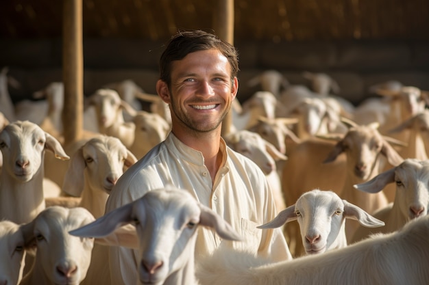 Farmer taking care of photorealistic goat farm