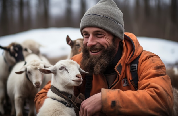 Farmer taking care of photorealistic goat farm