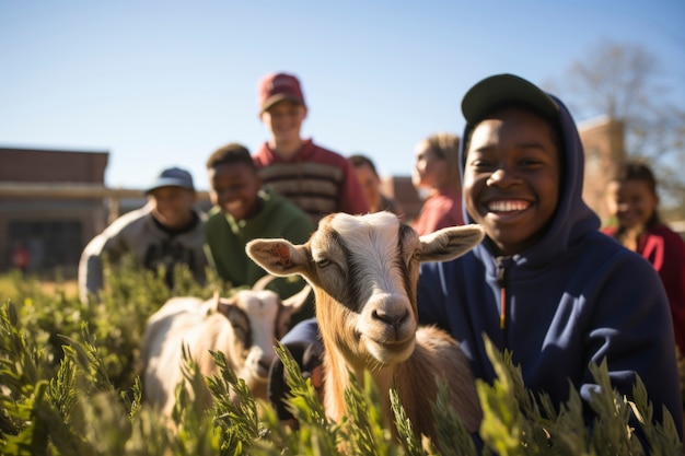 Farmer taking care of photorealistic goat farm