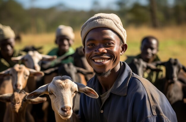 Farmer taking care of photorealistic goat farm