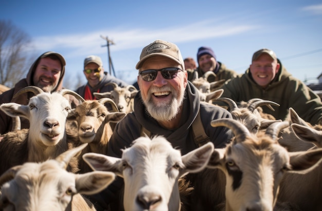 Free photo farmer taking care of photorealistic goat farm