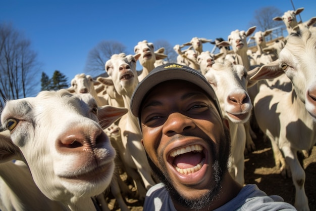 Free photo farmer taking care of photorealistic goat farm