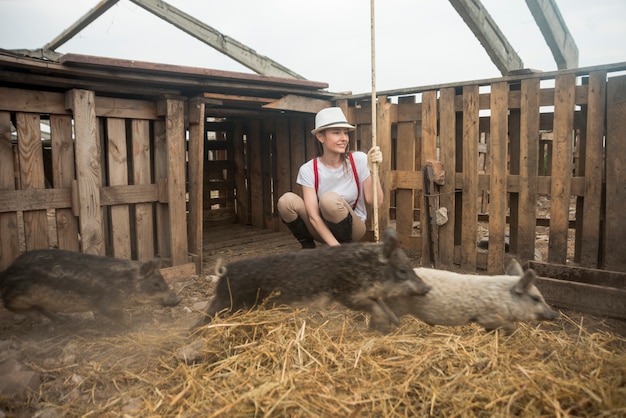 Farmer taking care of pigs in a sty