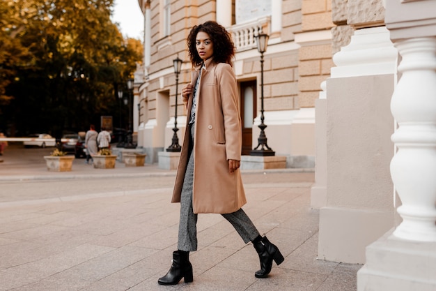 Fashion  full length  image of elegant  black woman in stylish luxury beige coat and velvet sweater