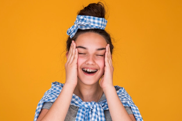 Free Photo fashion girl looking happy in stylish outfit 