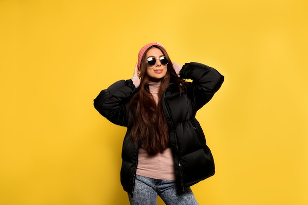 Free Photo fashion pretty cool girl in black jacket and sunglasses