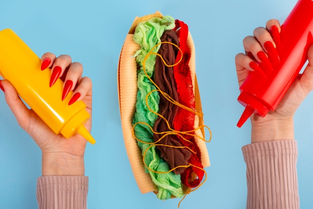 Fast fashion concept with materials and textiles disguised as hot dog