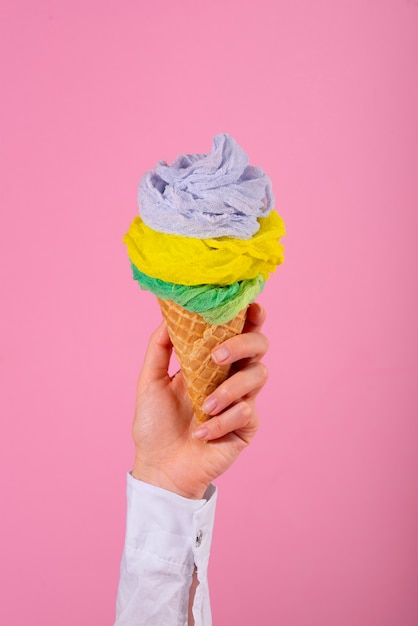 Fast fashion concept with materials and textiles disguised as ice cream