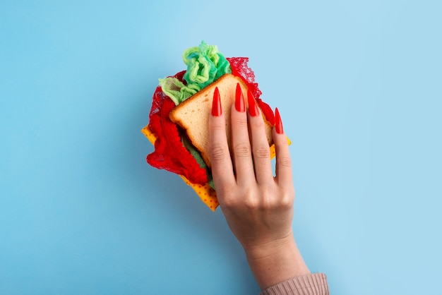 Fast fashion concept with materials and textiles disguised as sandwich