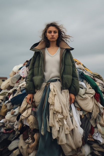 Fast fashion concept with piles of clothes