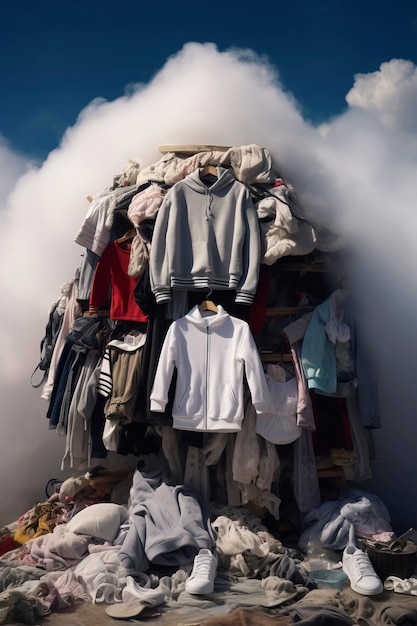 Fast fashion concept with piles of clothes