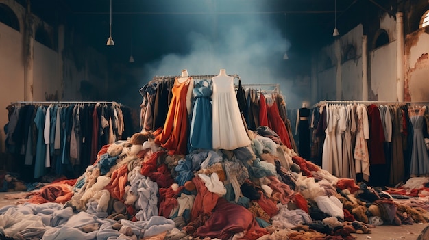 Fast fashion concept with piles of clothes