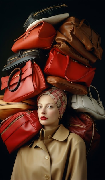 Free photo fast fashion concept with woman on piles of bags