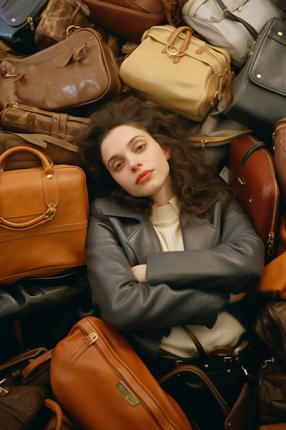 Free photo fast fashion concept with woman on piles of bags