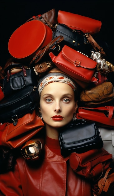 Free photo fast fashion concept with woman on piles of bags