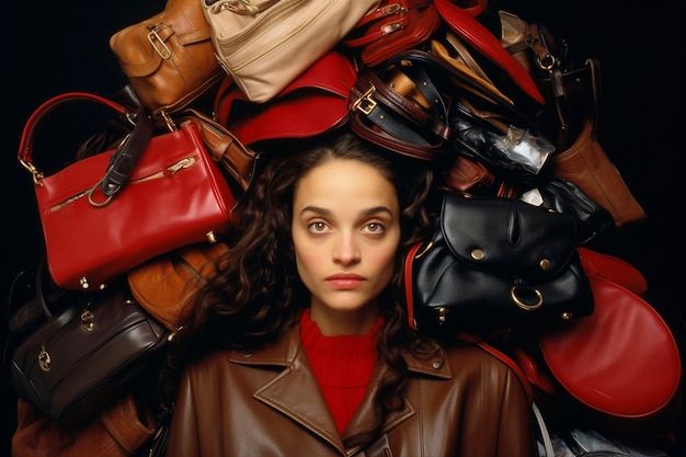 Free photo fast fashion concept with woman on piles of bags