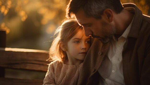 Father and son holding hands at sunset generated by AI