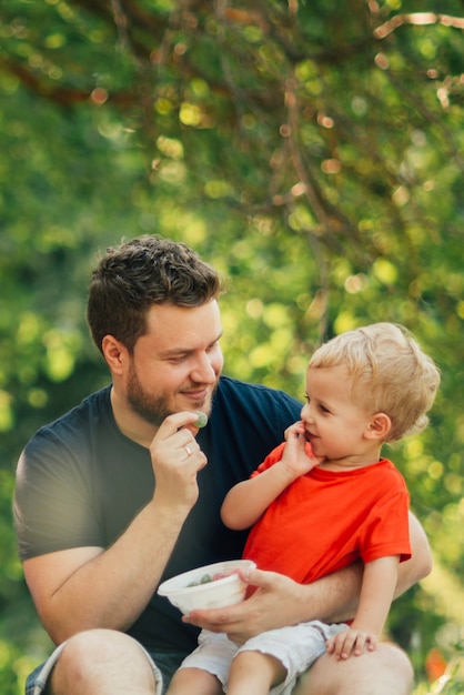 Father and son looking at each other