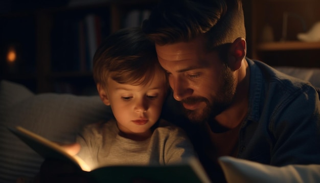 Father and son reading bonding on sofa generated by AI