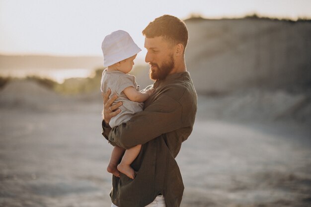 Father with his little son in a quarry