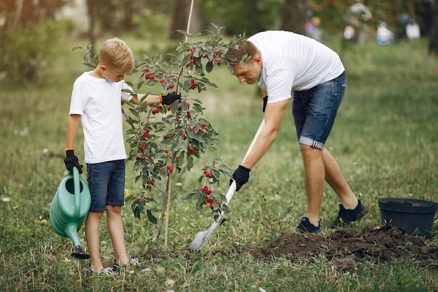 Free photo father with little son are planting a tree on a yard