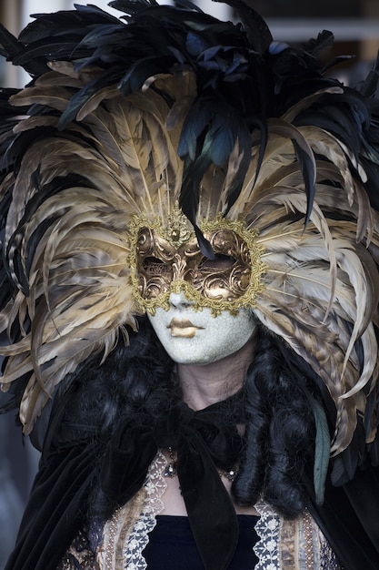 Female in a beautiful dress and traditional Venice mask during the world-famous carnival