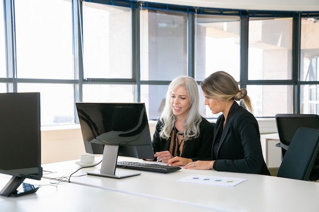 Female colleagues sitting at workplace together, using computer near paper diagram. Business communication or mentorship concept