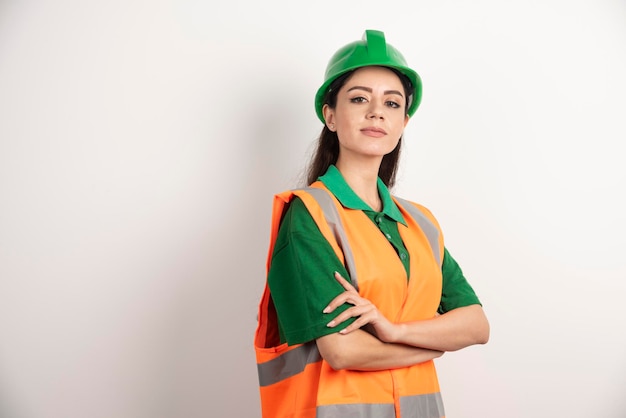 Female construction site engineer with helmet . High quality photo