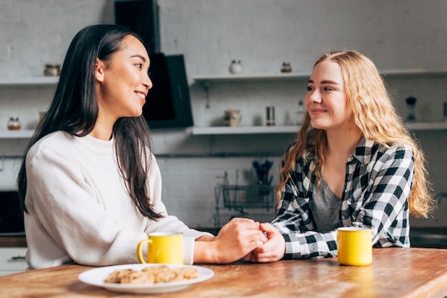 Female couple sitting at table in kitchen