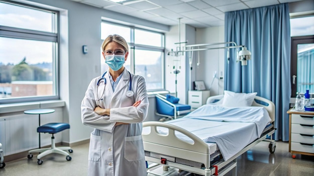 Free Photo female doctor in a white coat with arms crossed in a hospital room