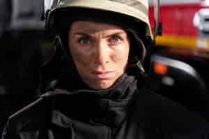 Free photo female firefighter at the station with suit and safety helmet