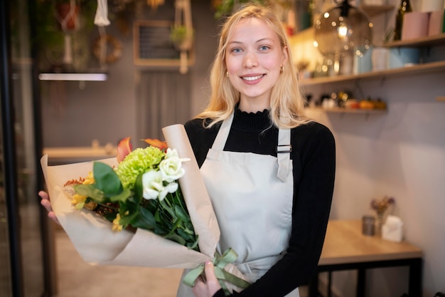 Free photo female florist holding a beautiful bouquet