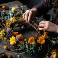 Free photo female florist making a beautiful flower wreath in her workshop