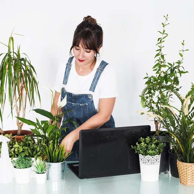 Female florist taking care of potted plants with laptop on desk