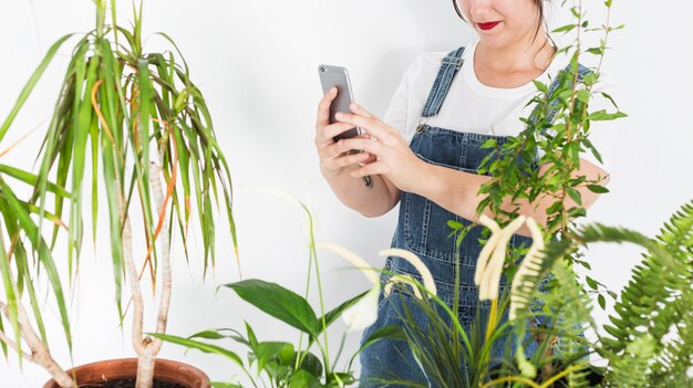 Female florist taking photograph of potted plants on smartphone