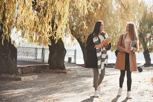 Free Photo female friends have a walk through the beautiful autumn park