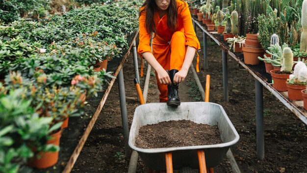 Female gardener tying wellington boot in greenhouse