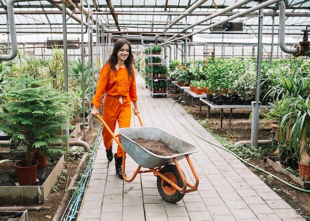 Free Photo female gardener in workwear pushing wheelbarrow with soil in greenhouse